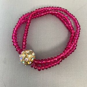 Hot Pink Glass Bead Bracelet with Rhinestone